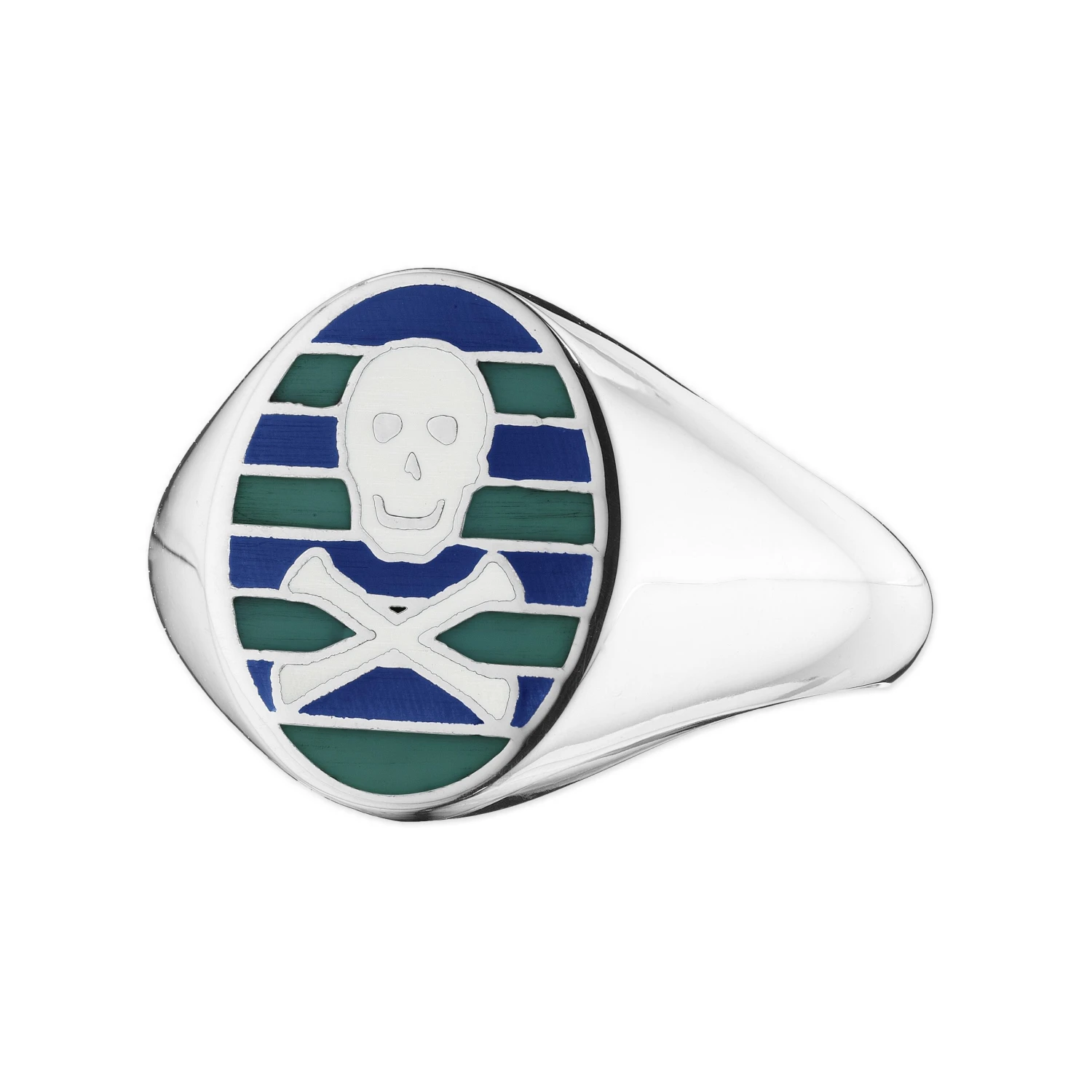 Jessica Biales Green & Blue Enamel Skull & Crossbones Signet Ring 3 Jessica Biales Green & Blue Enamel Skull & Crossbones Signet Ring